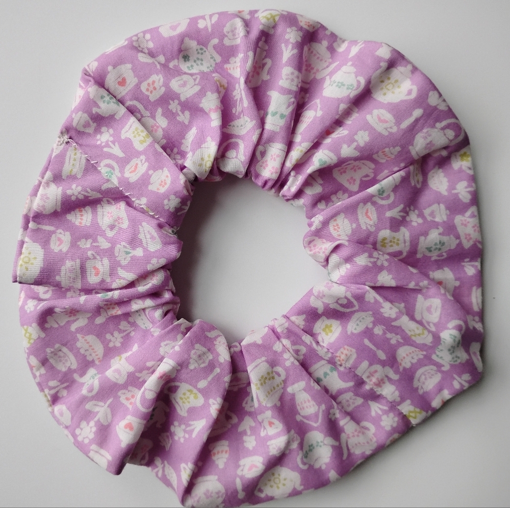 Liberty Art Fabric Scrunchie Suzy Elizabeth Teapots Cottagecore Bespokel Pink